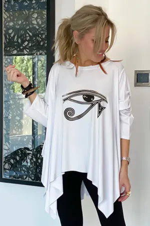 3/4 Sleeves Poncho Top - White/Egyptian Eye