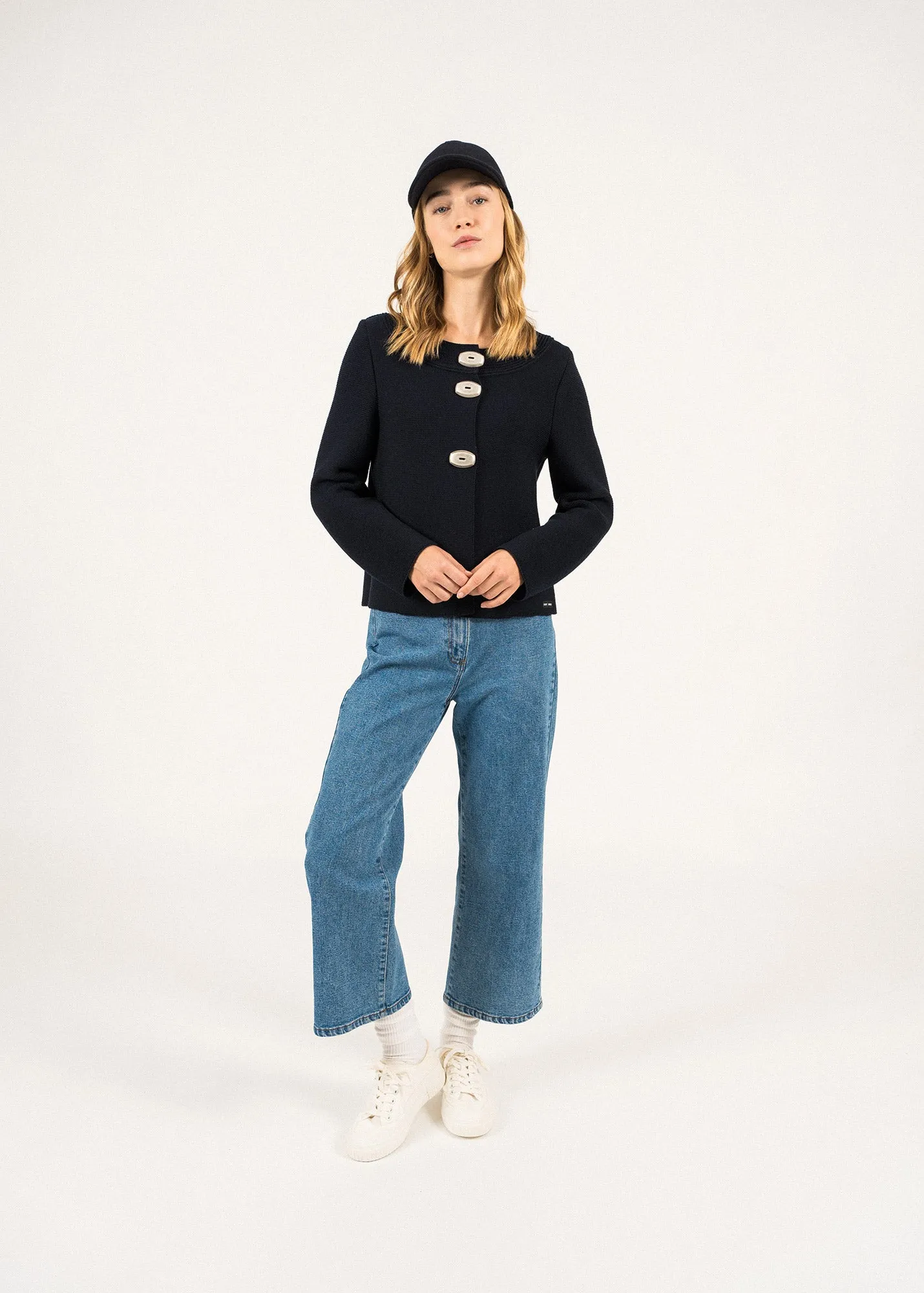 Adrets Rdit wool jacket - in garter stitch, with large buttons (NAVY)