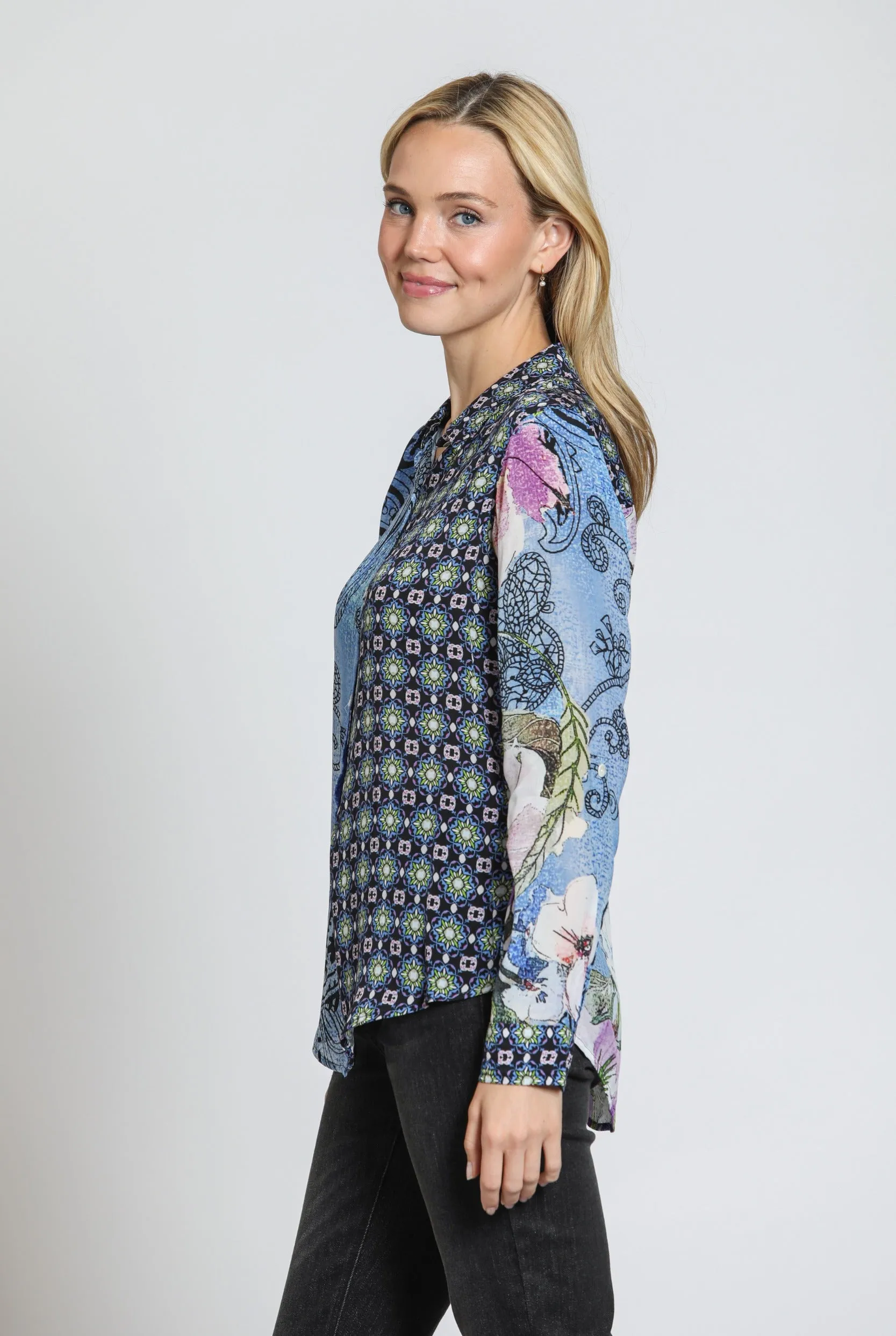 APNY Blue Mixed Print Button-Up Blouse