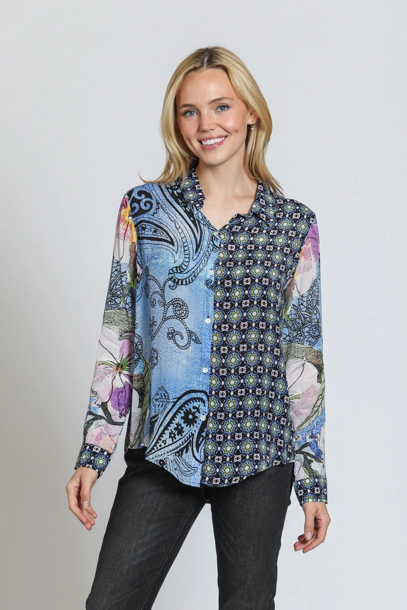 APNY Blue Mixed Print Button-Up Blouse