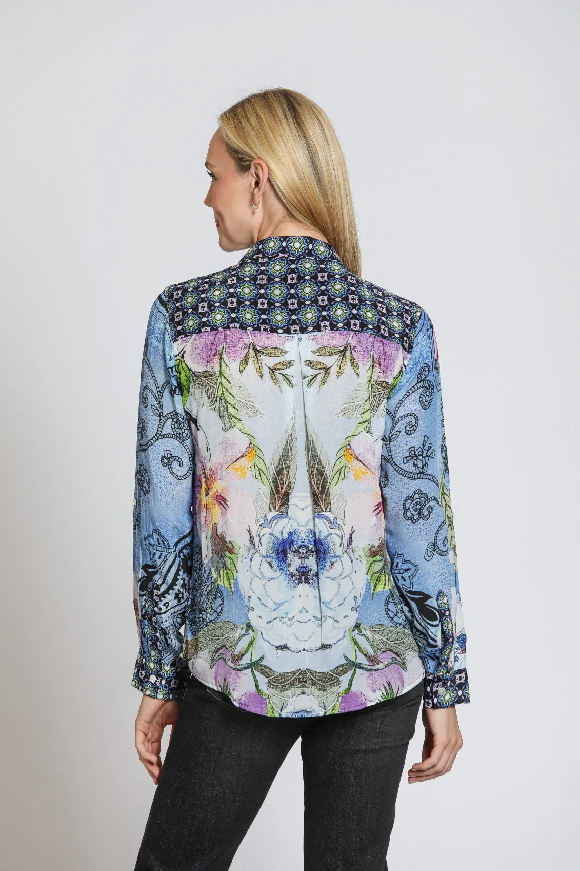 APNY Blue Mixed Print Button-Up Blouse