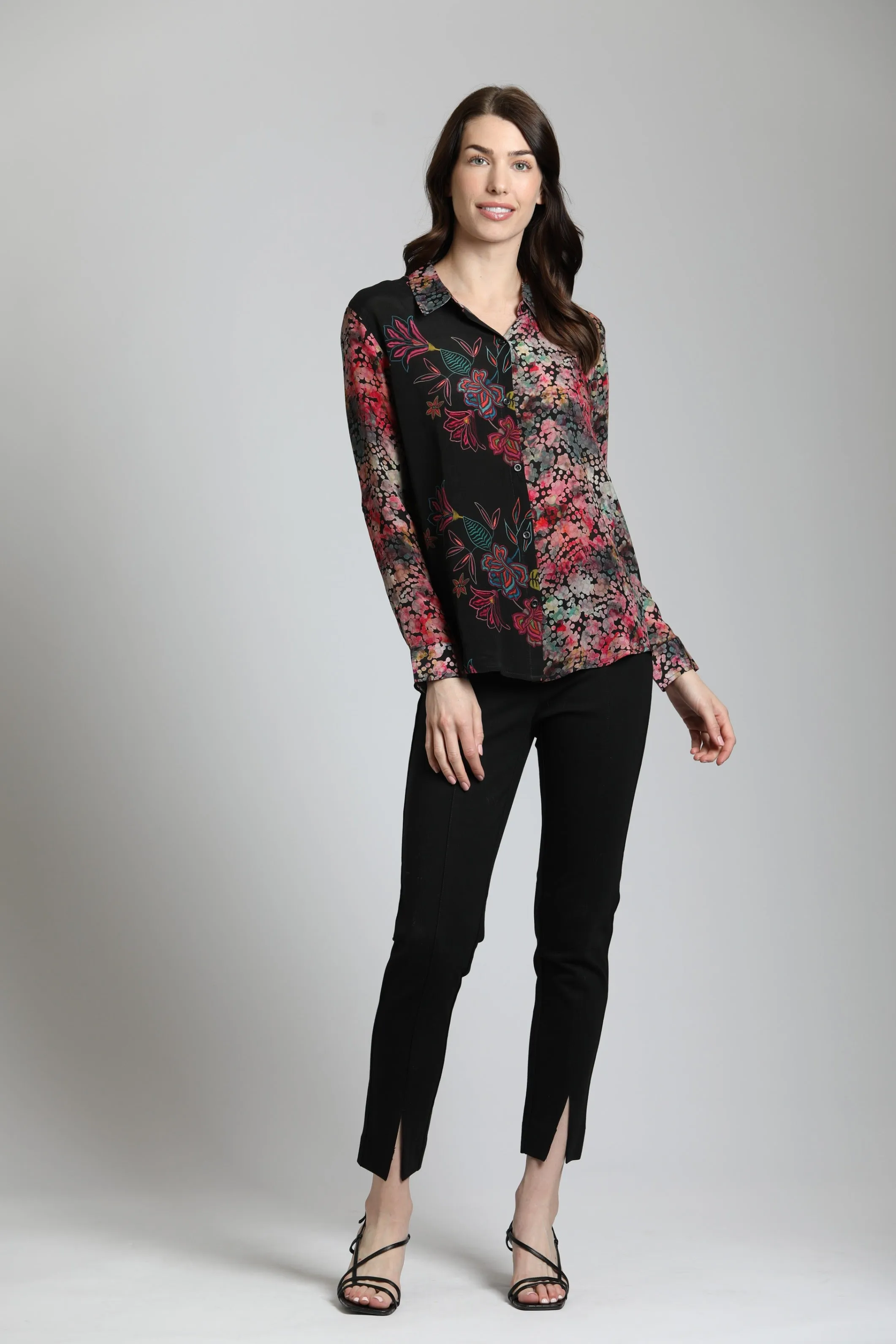 APNY Fall Foliage Button Up Top With Roll Tab Sleeves