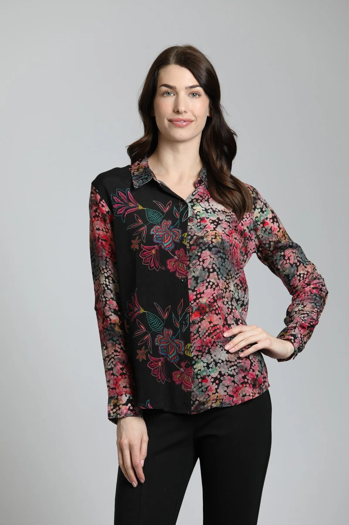 APNY Fall Foliage Button Up Top With Roll Tab Sleeves