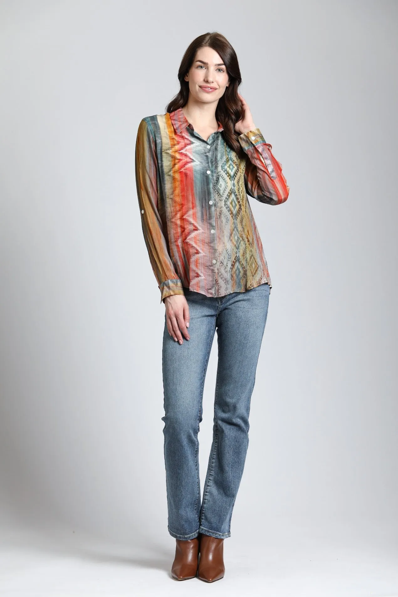 APNY Multi- Color Waves & Rhombus Print Mix - Button Up With Roll Up Sleeve