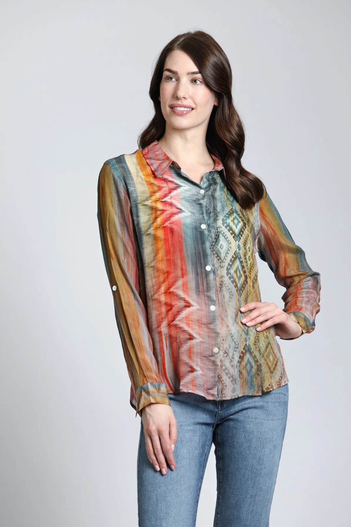 APNY Multi- Color Waves & Rhombus Print Mix - Button Up With Roll Up Sleeve