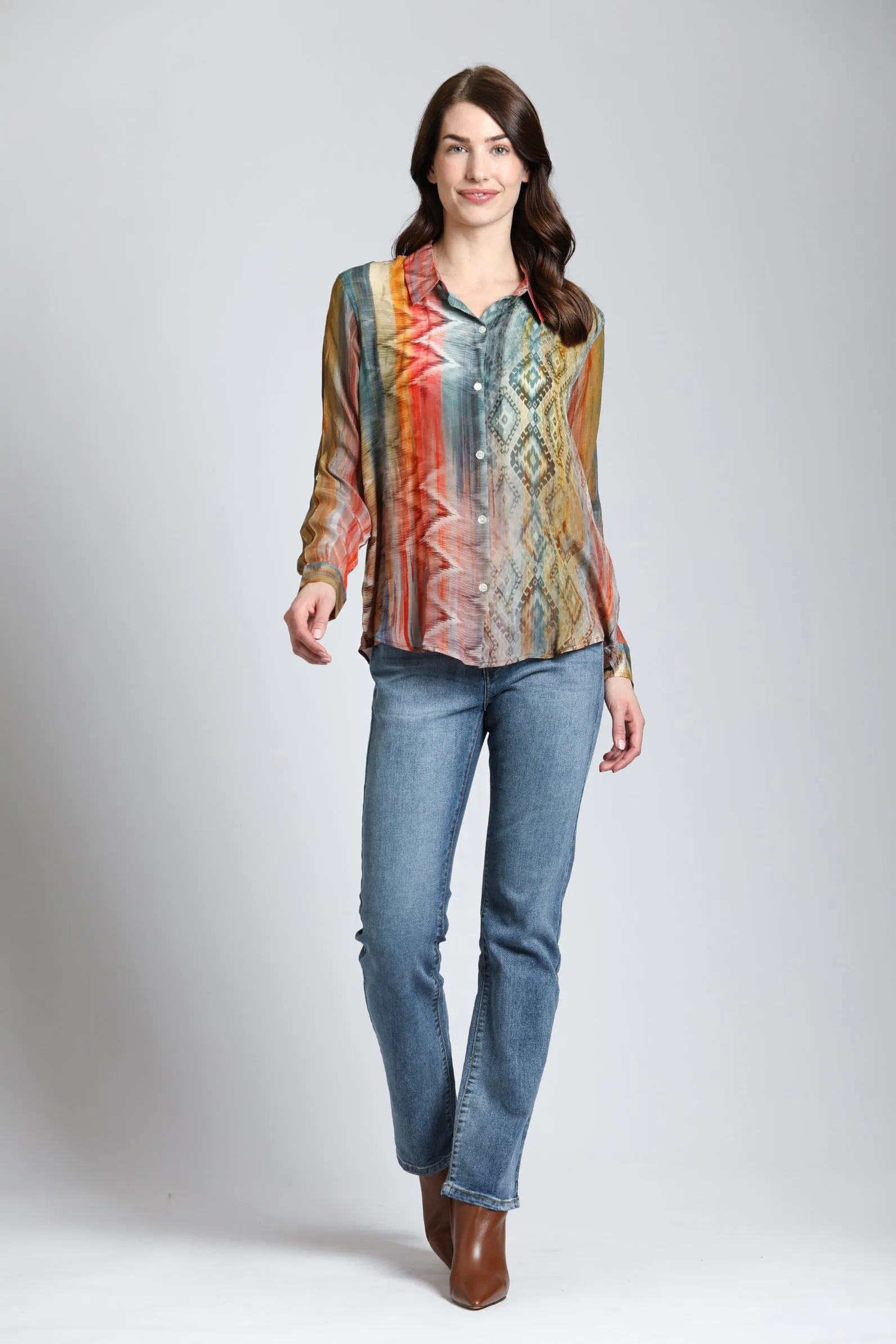 APNY Multi- Color Waves & Rhombus Print Mix - Button Up With Roll Up Sleeve