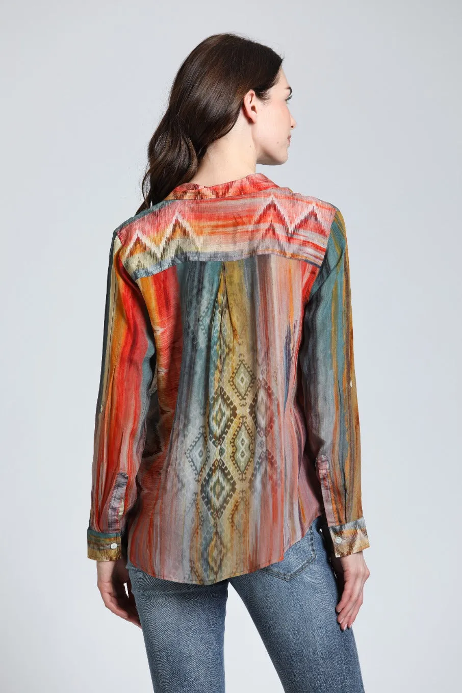 APNY Multi- Color Waves & Rhombus Print Mix - Button Up With Roll Up Sleeve