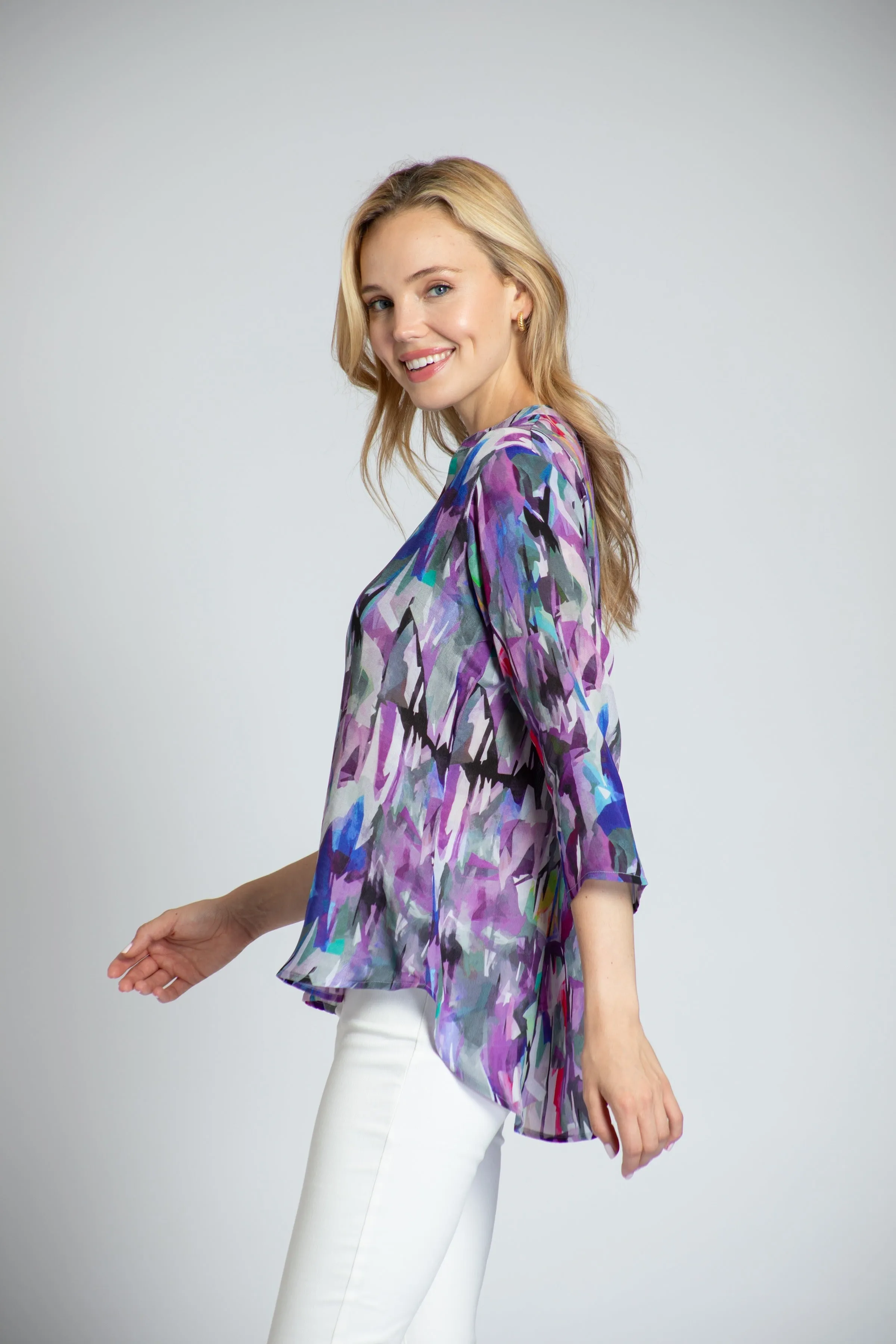 APNY Purple Brush Stroke  Sleeve Mandarin Collar Button Up Blouse