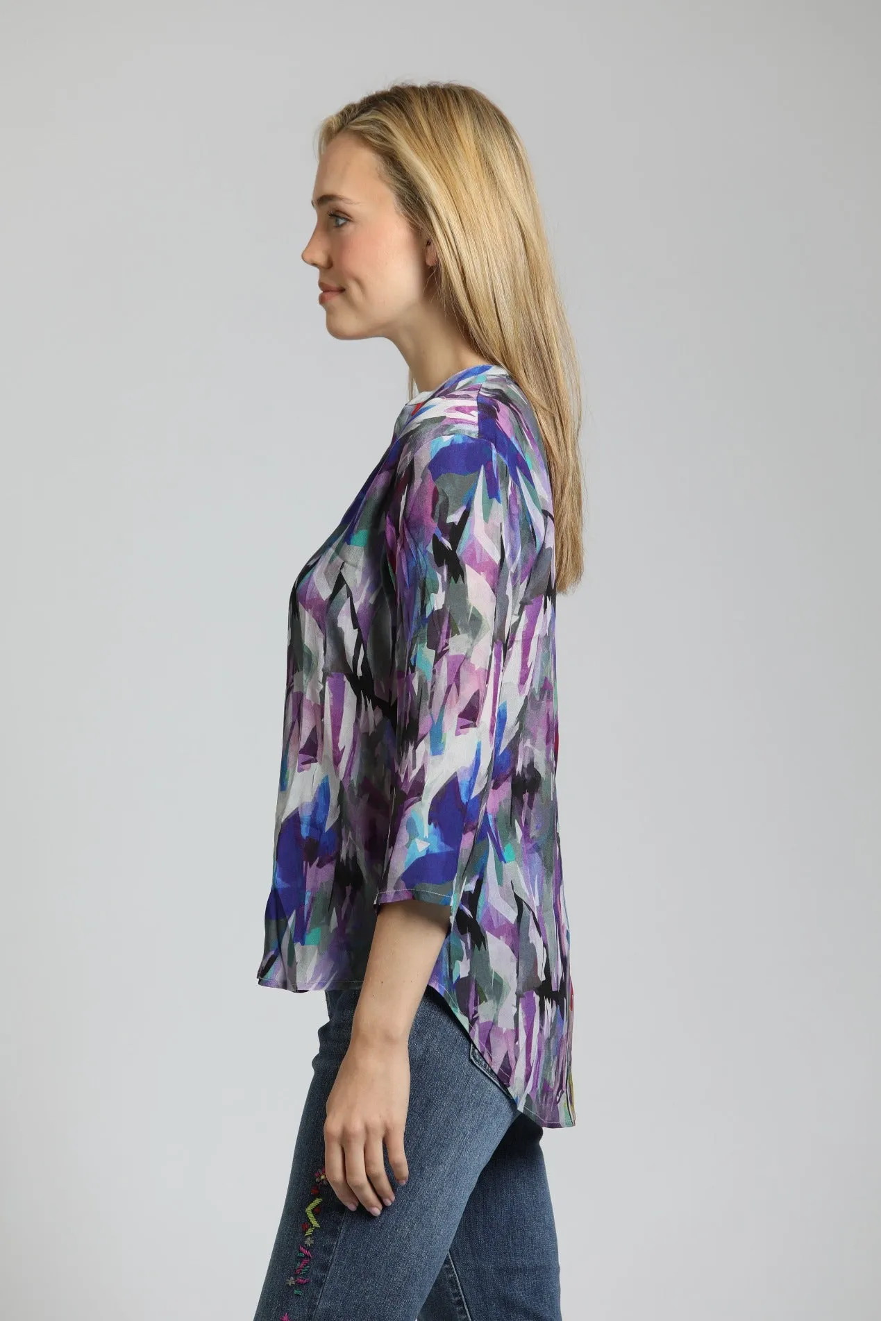 APNY Purple Brush Stroke  Sleeve Mandarin Collar Button Up Blouse