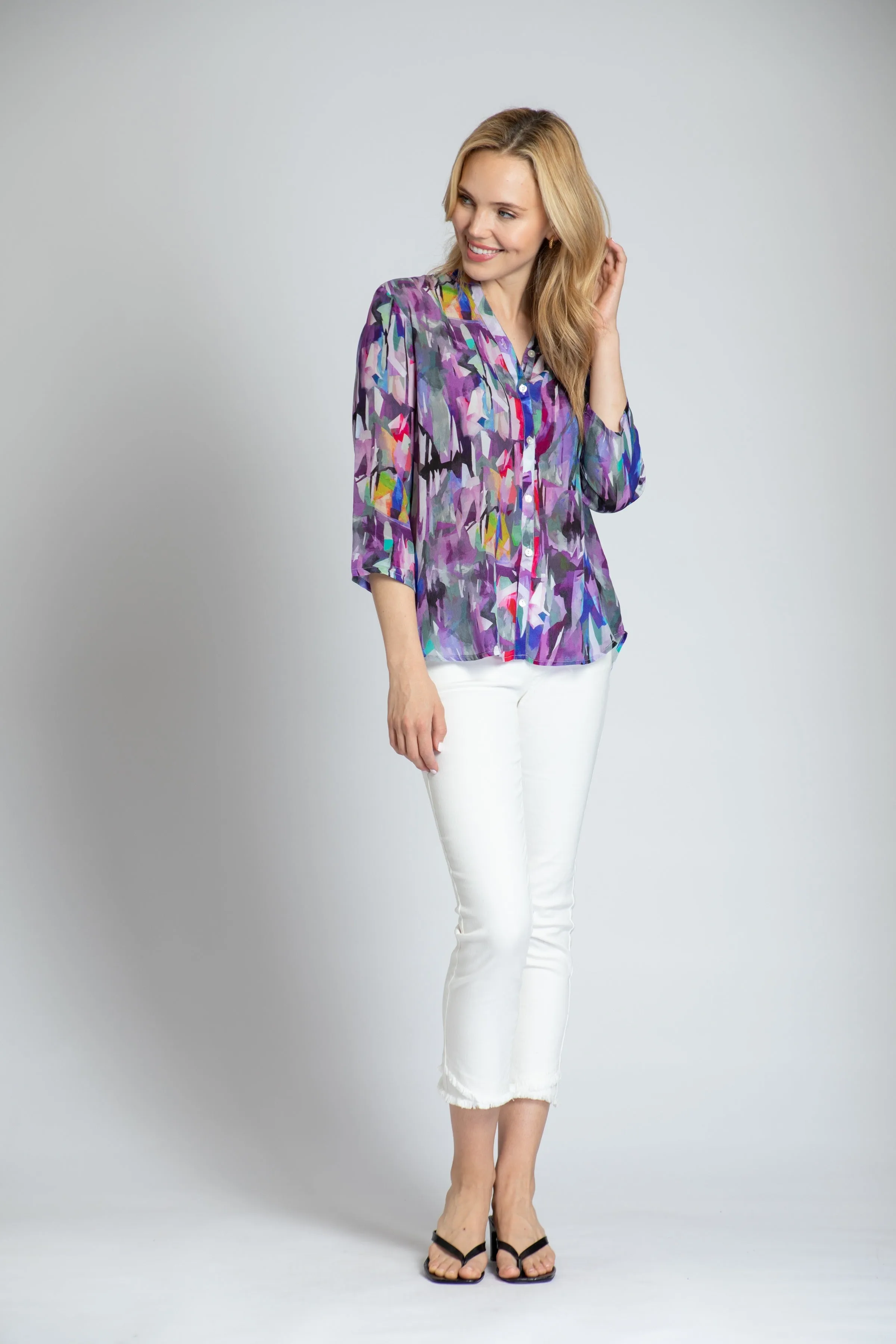 APNY Purple Brush Stroke  Sleeve Mandarin Collar Button Up Blouse