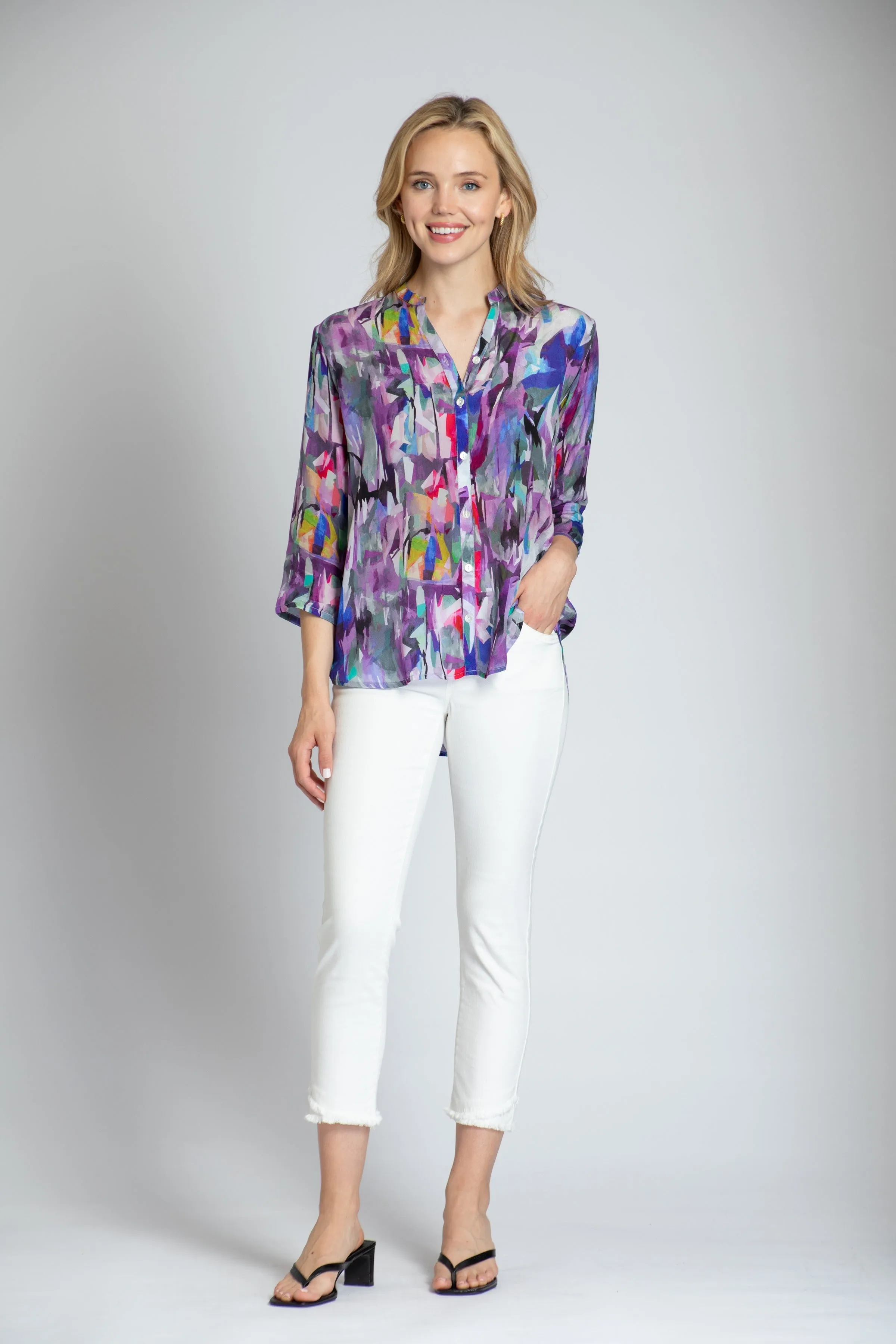 APNY Purple Brush Stroke  Sleeve Mandarin Collar Button Up Blouse