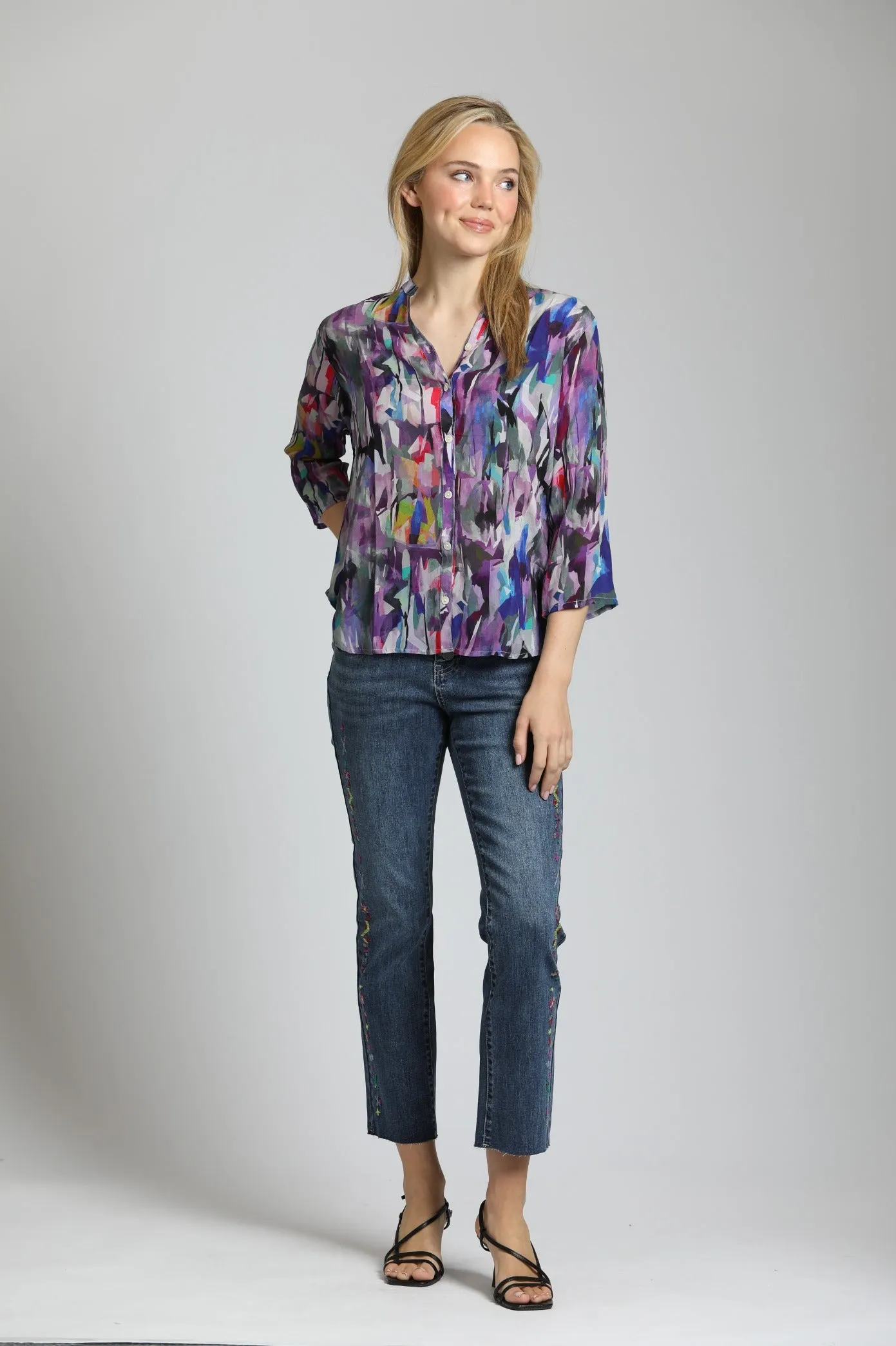 APNY Purple Brush Stroke  Sleeve Mandarin Collar Button Up Blouse