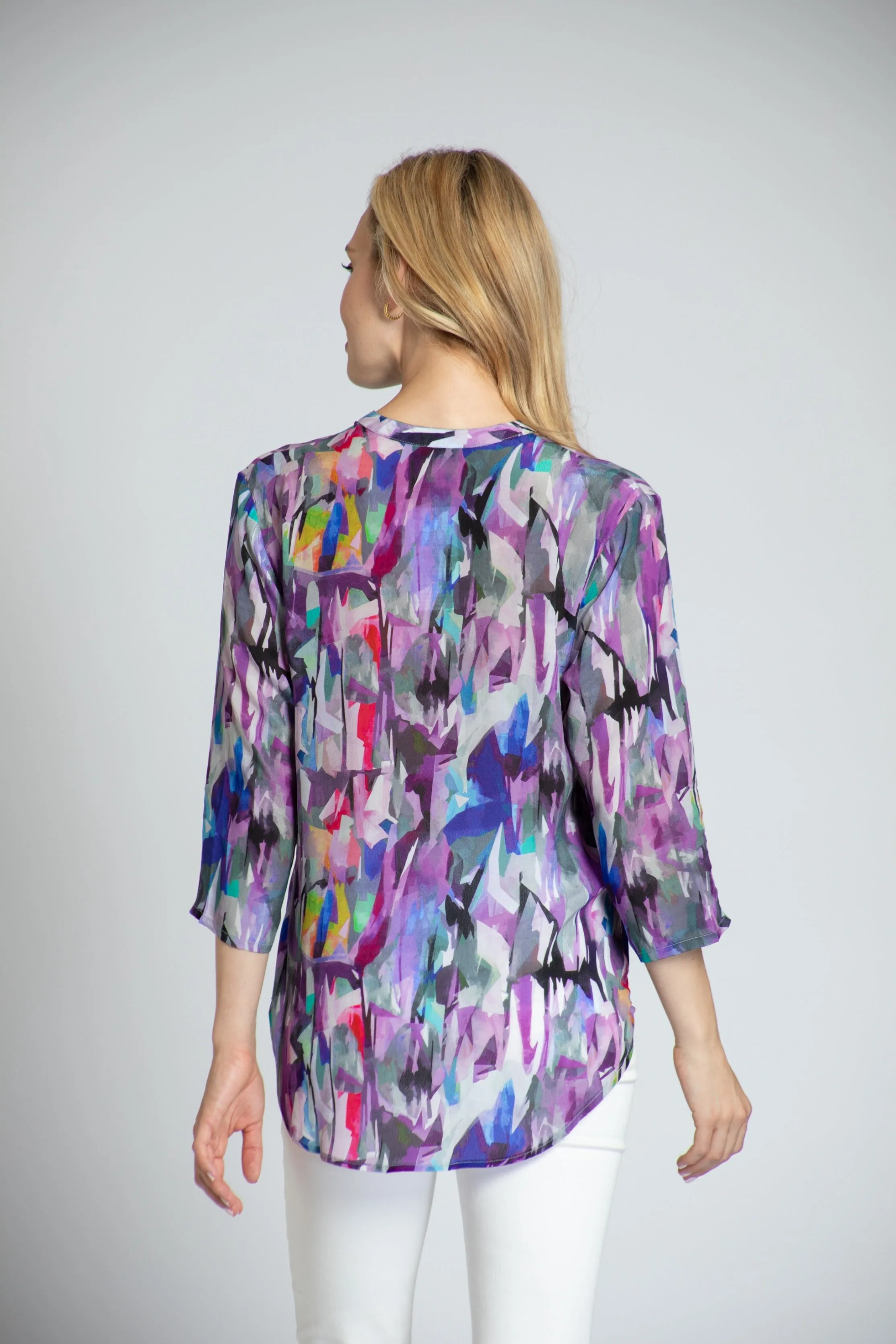 APNY Purple Brush Stroke  Sleeve Mandarin Collar Button Up Blouse