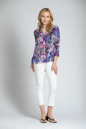 APNY Purple Brush Stroke  Sleeve Mandarin Collar Button Up Blouse