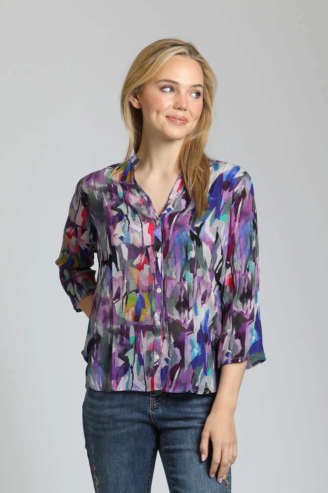 APNY Purple Brush Stroke  Sleeve Mandarin Collar Button Up Blouse
