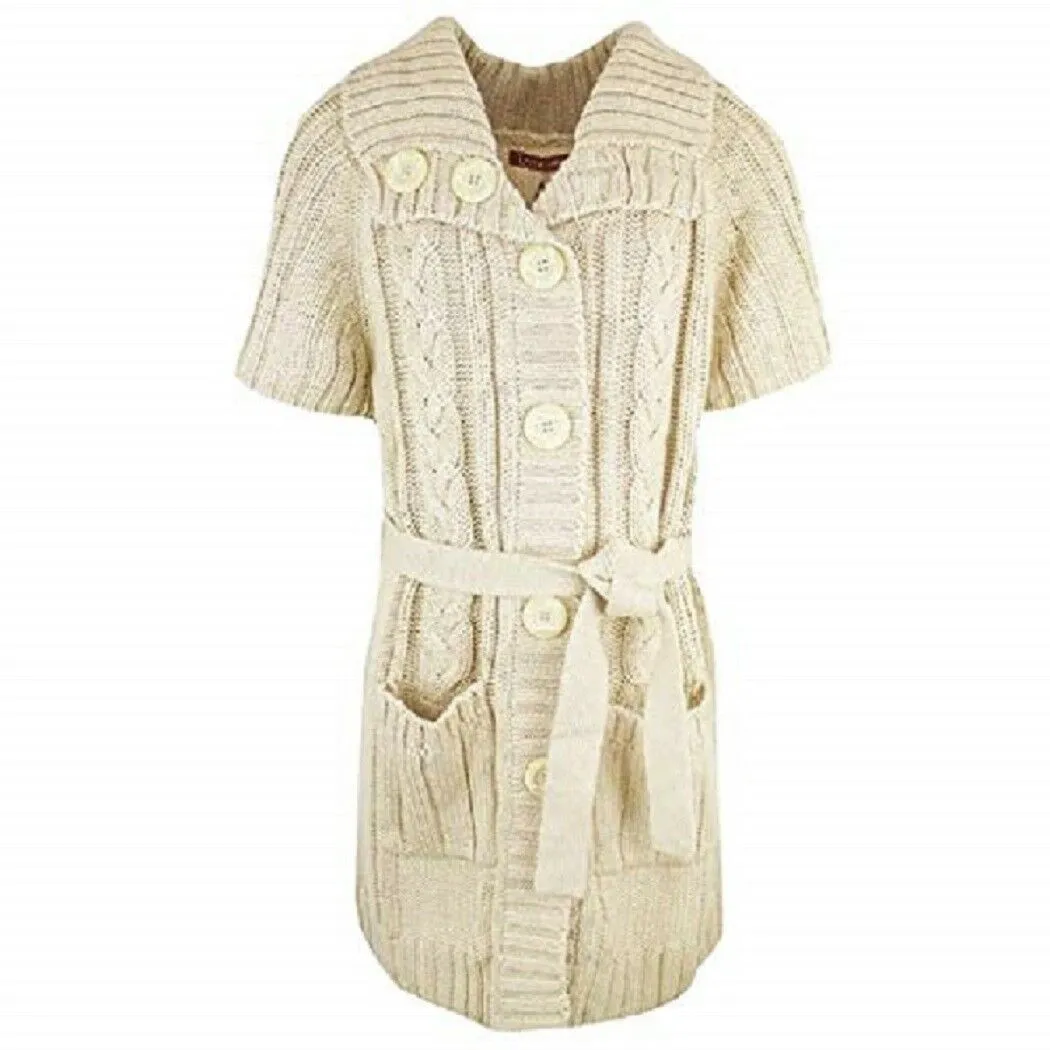 Beige Long Line Wrap Heavy Cable Knitted Belted Cardigan