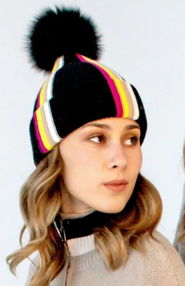Black Multi Stripe Hat Fox Pom