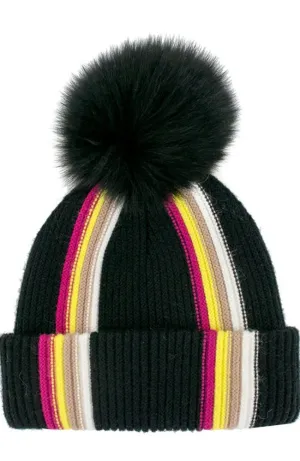 Black Multi Stripe Hat Fox Pom