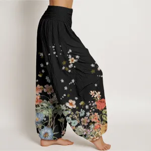 Buddha Stones Various Flowers Pattern Women's Elastic Waist Harem Pants