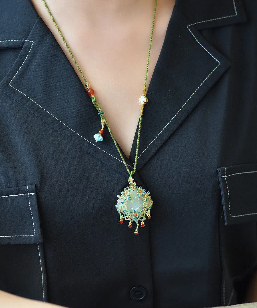 Chic Blue Floral Sterling Silver Jade Tassel Pendant Necklace  FA277