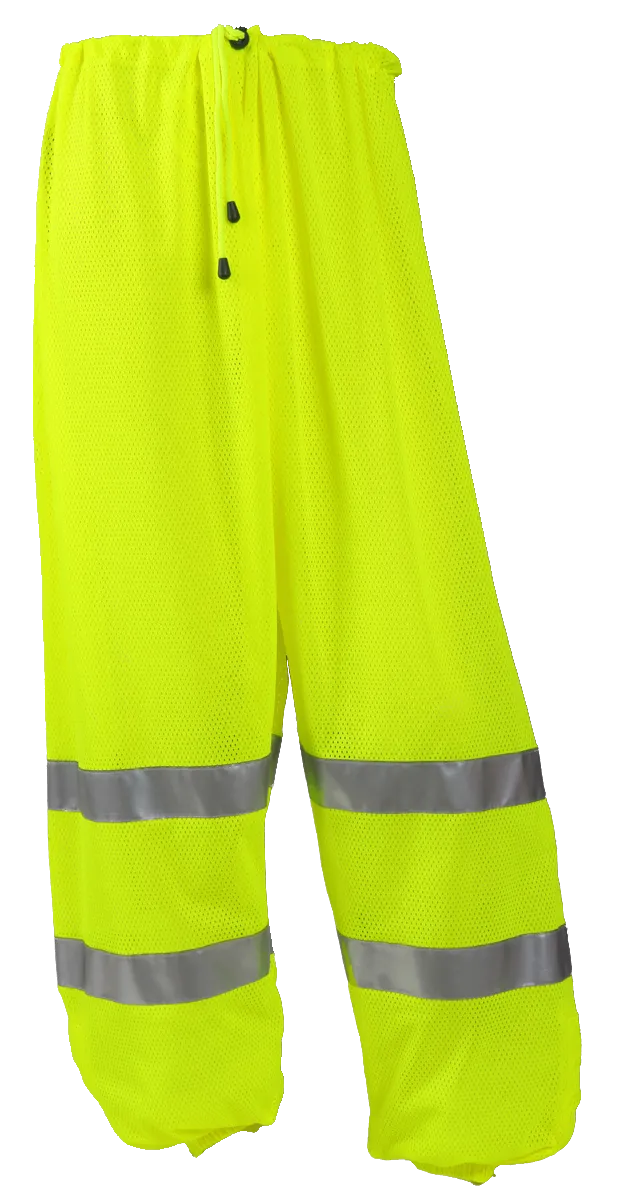 Class E Pants - Fluorescent Yellow-Green - Polyester Mesh - 2 Side Pass Through Openings - 1 Exterior Pocket - Silver Reflective Tape