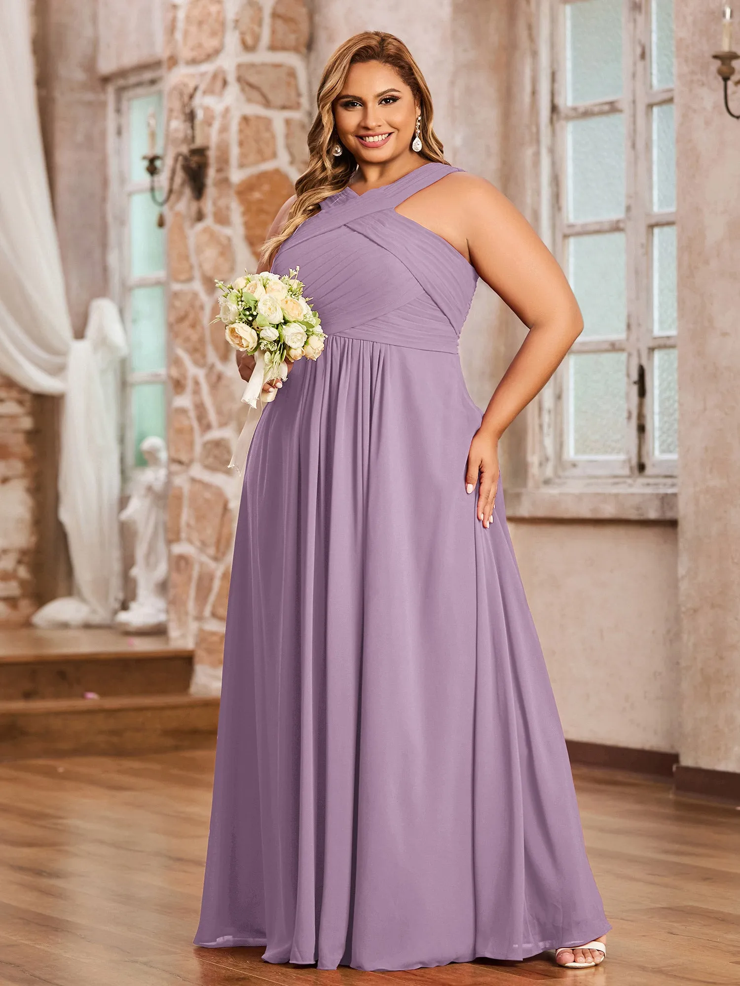Cross Shoulder Strap Chiffon Dress with Empire Waist Wisteria Plus Size