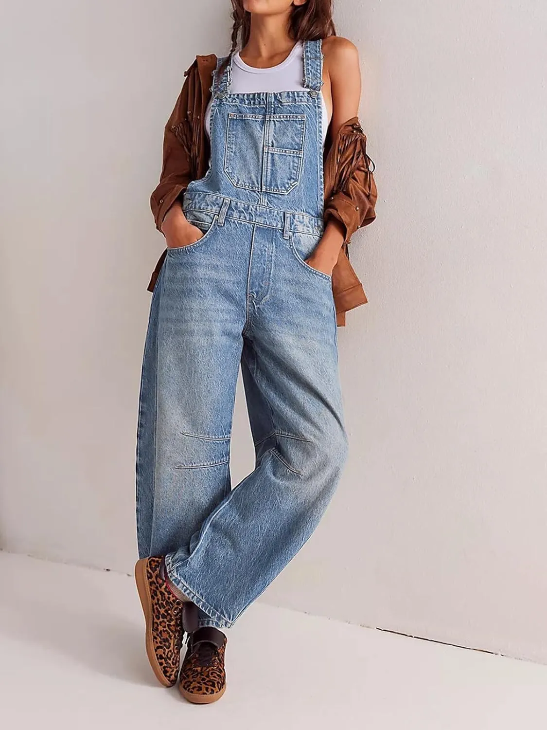 Dokuritu Overalls for Women Casual Adjustable Strap Baggy Denim Overalls Rompers Barrel Leg Jean Jumpsuit with Pockets