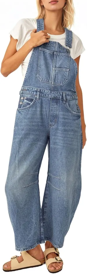 Dokuritu Overalls for Women Casual Adjustable Strap Baggy Denim Overalls Rompers Barrel Leg Jean Jumpsuit with Pockets