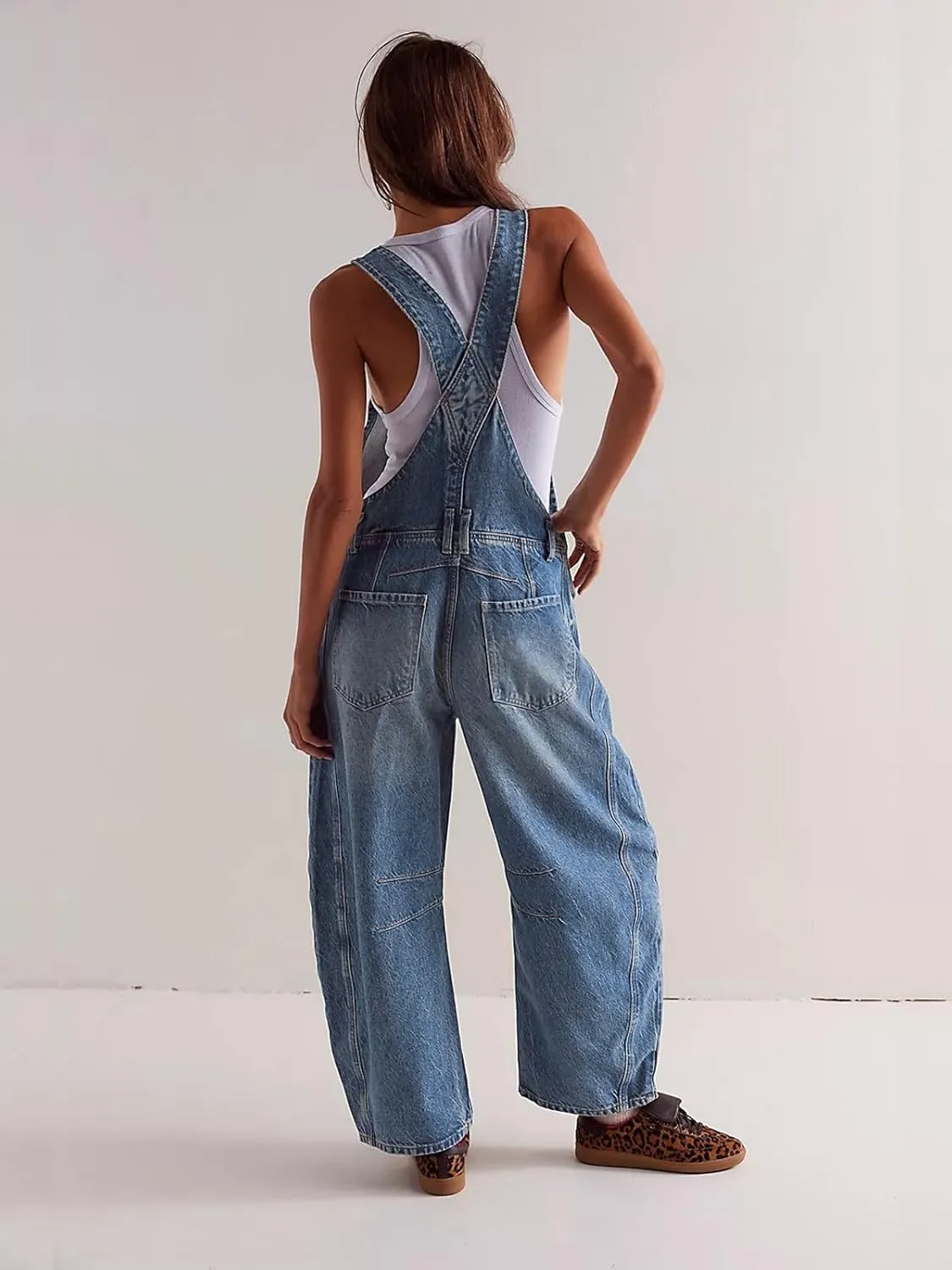 Dokuritu Overalls for Women Casual Adjustable Strap Baggy Denim Overalls Rompers Barrel Leg Jean Jumpsuit with Pockets