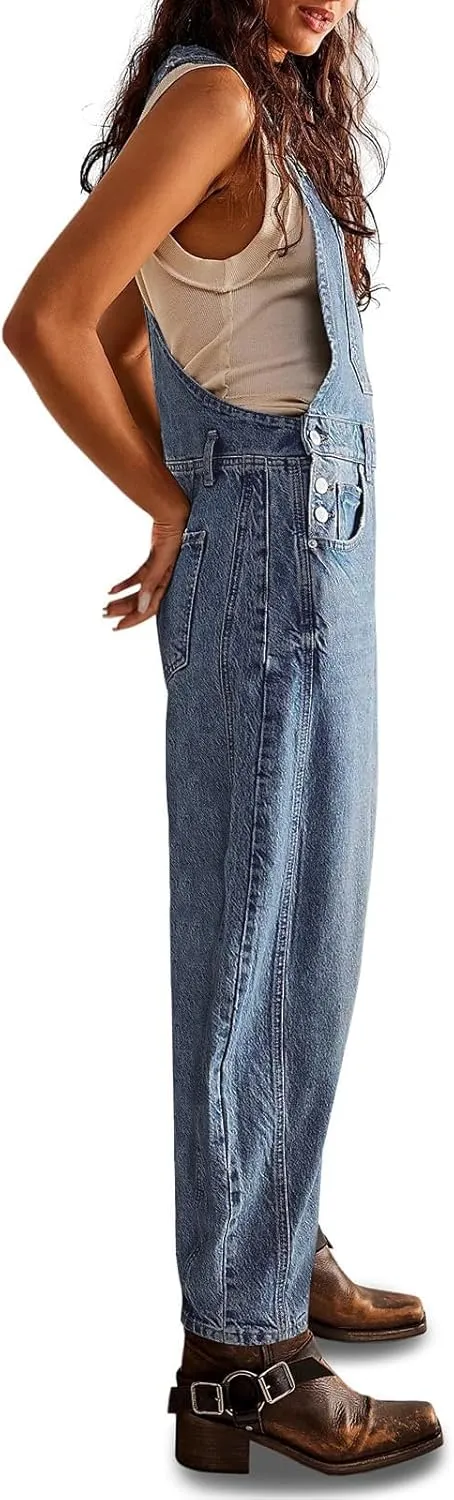 Dokuritu Overalls for Women Casual Adjustable Strap Baggy Denim Overalls Rompers Barrel Leg Jean Jumpsuit with Pockets
