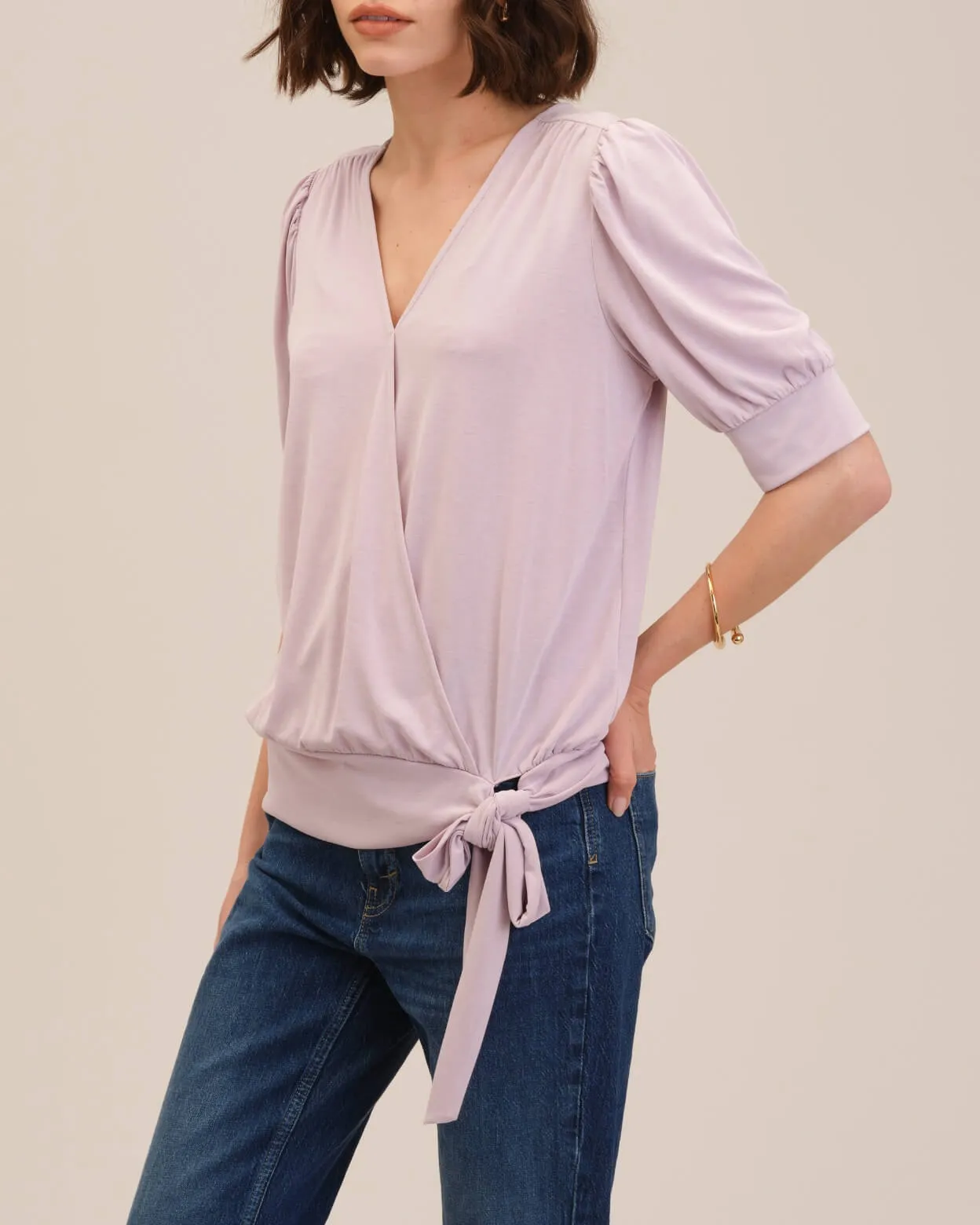 Elbow Sleeve Faux Wrap V-Neck Top