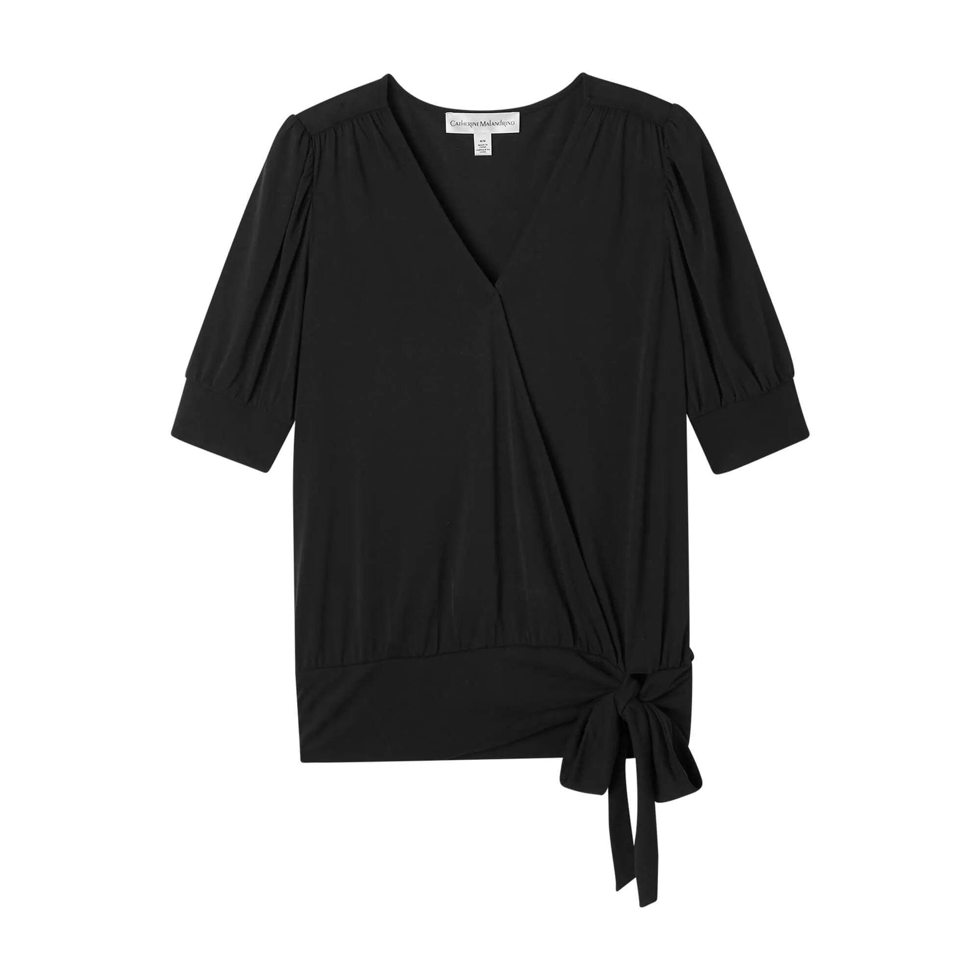 Elbow Sleeve Faux Wrap V-Neck Top