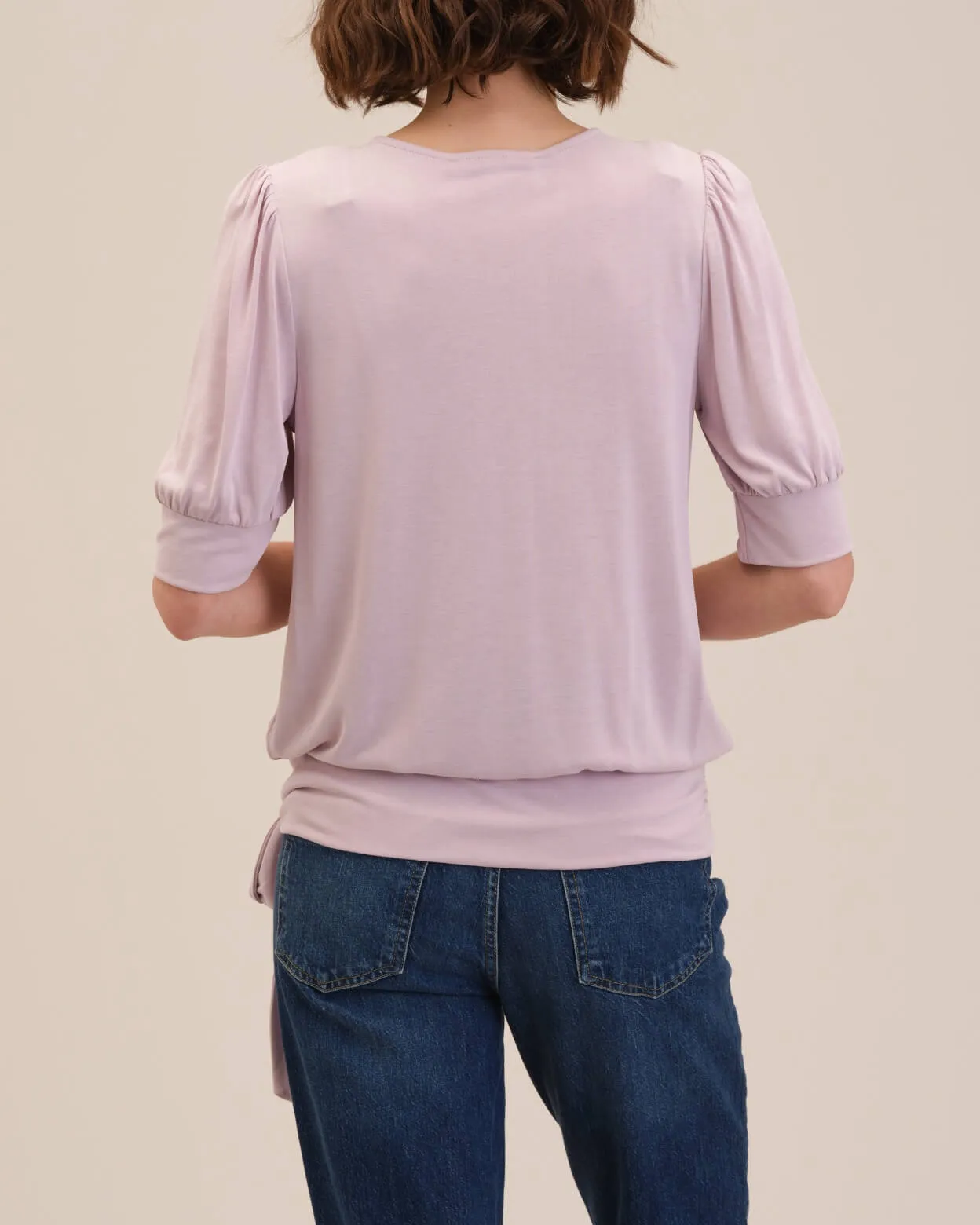 Elbow Sleeve Faux Wrap V-Neck Top