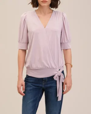 Elbow Sleeve Faux Wrap V-Neck Top