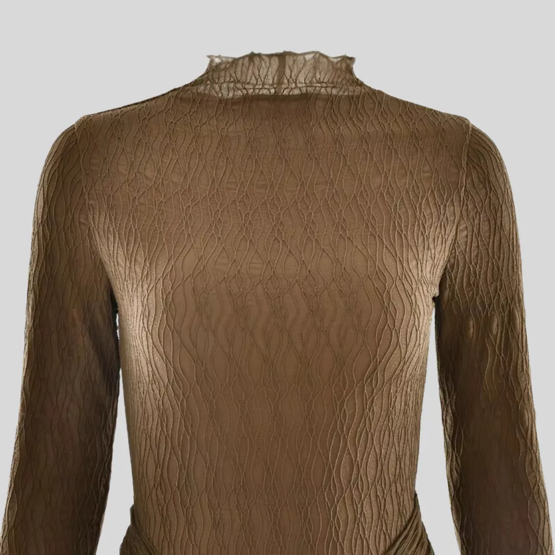 Elegant Long Sleeve Maxi Dress With Draped Design - Brown