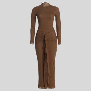 Elegant Long Sleeve Maxi Dress With Draped Design - Brown