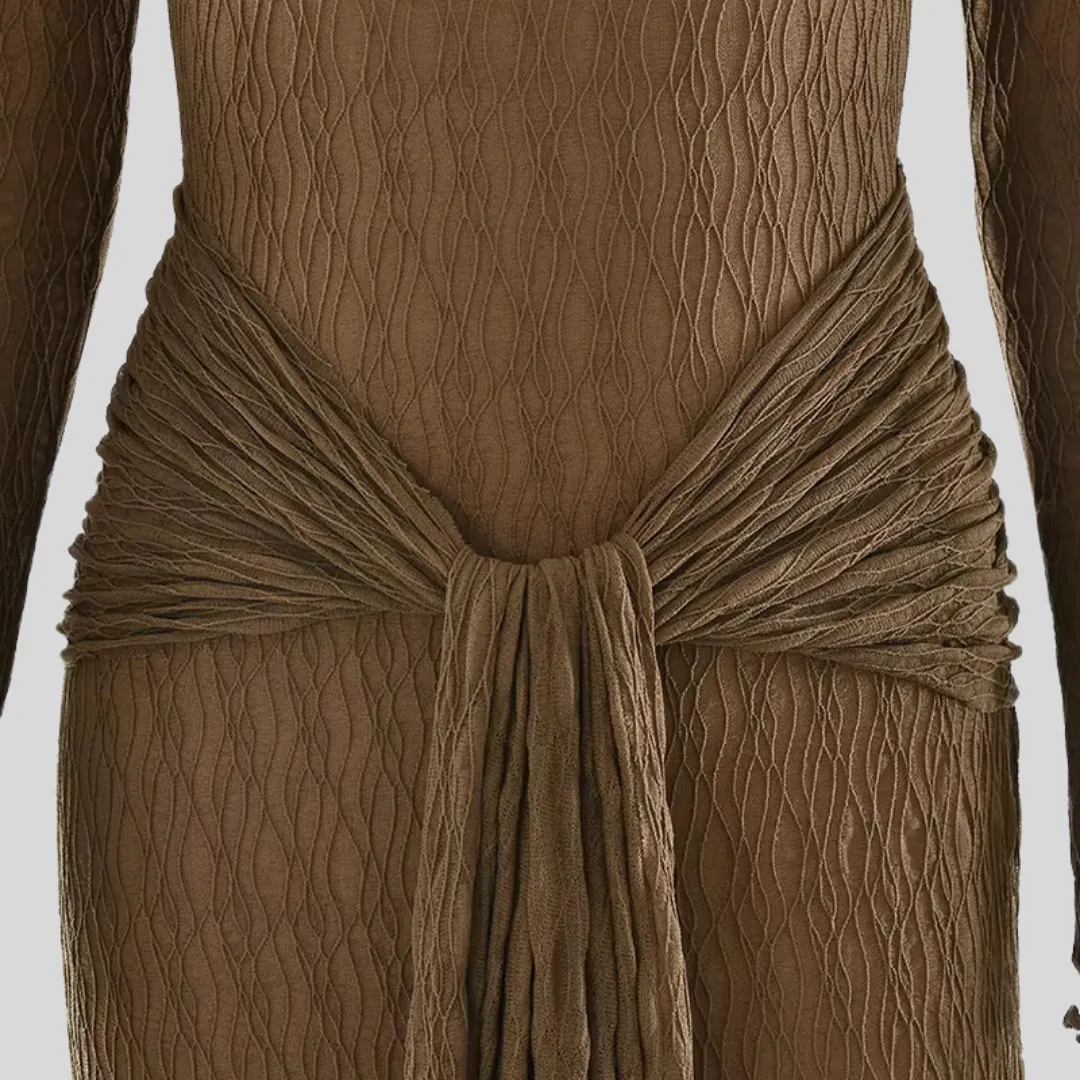 Elegant Long Sleeve Maxi Dress With Draped Design - Brown