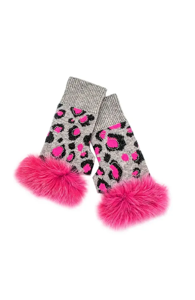 Fingerless Gloves with Fox Trim & Crystals