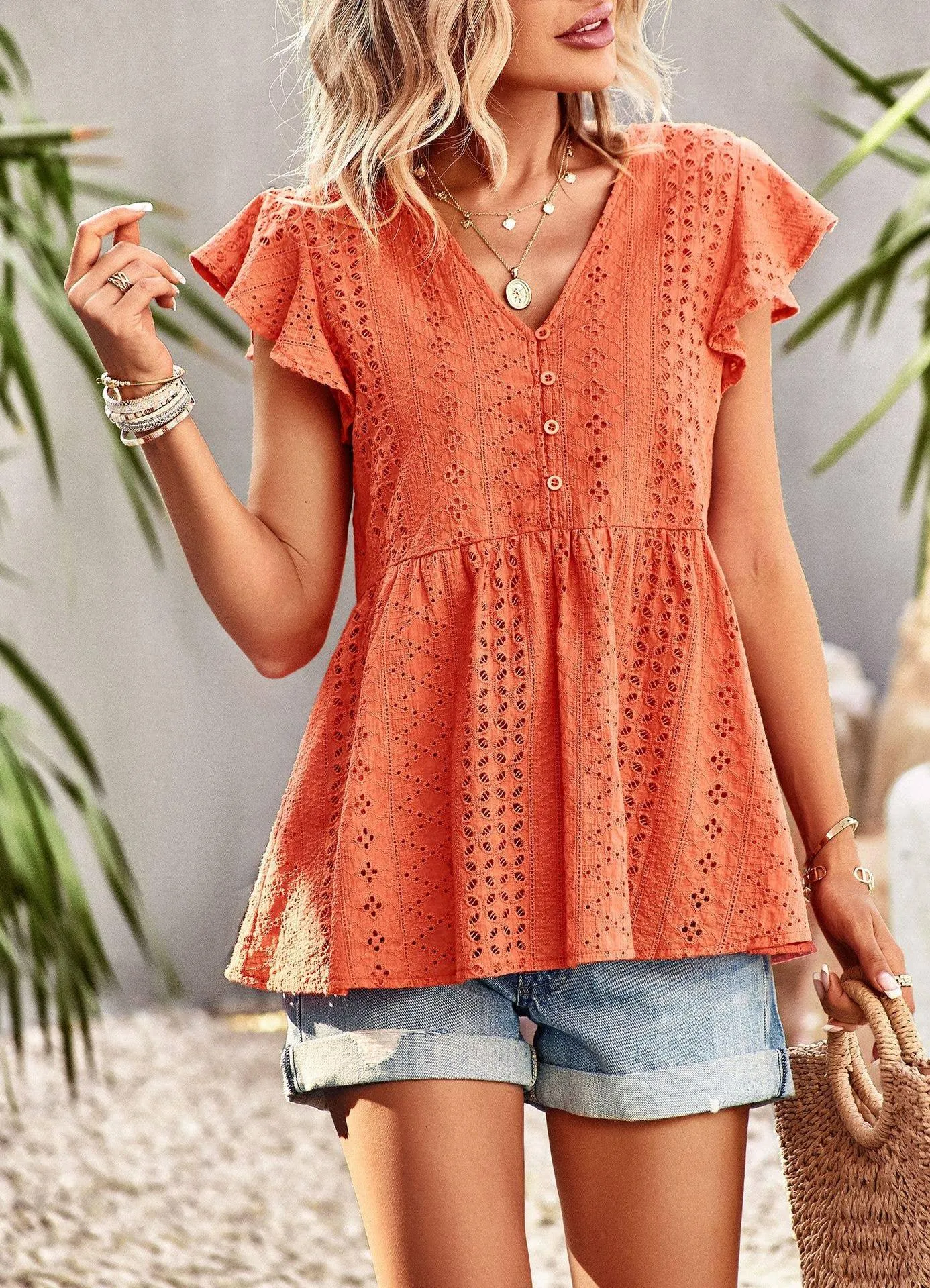 Floral Eyelet Button Detail Peplum Blouse