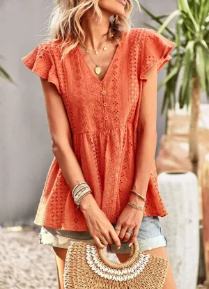 Floral Eyelet Button Detail Peplum Blouse