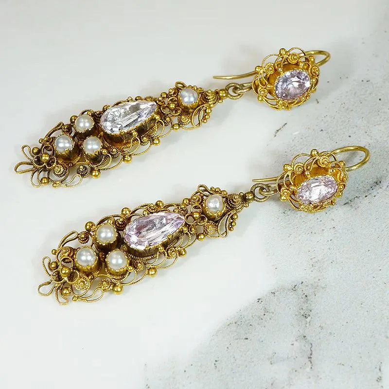Georgian Topaz & Pearl 18k Cannetille Day to Night Earrings