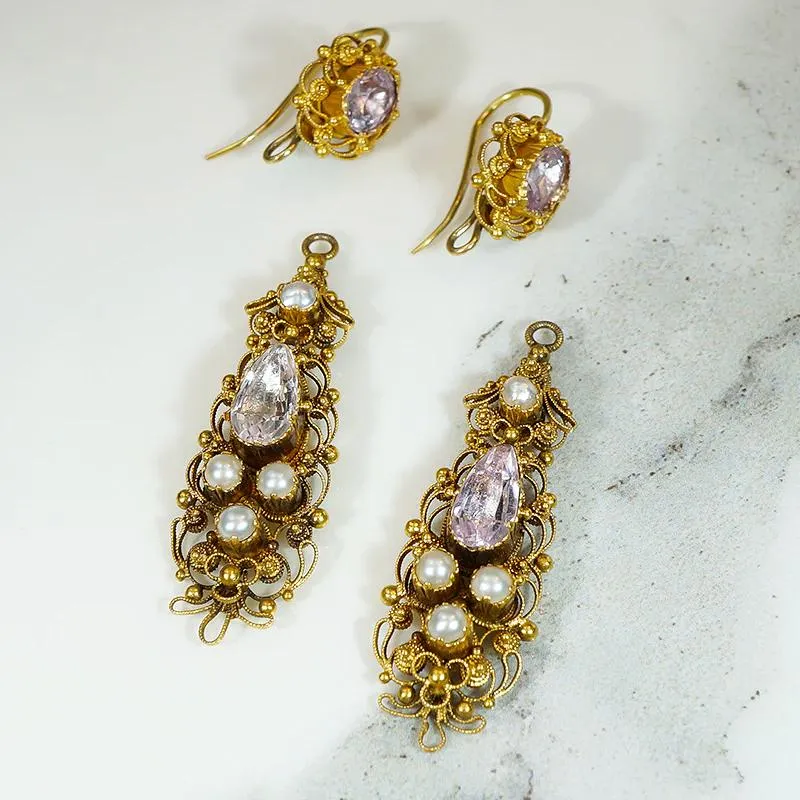 Georgian Topaz & Pearl 18k Cannetille Day to Night Earrings