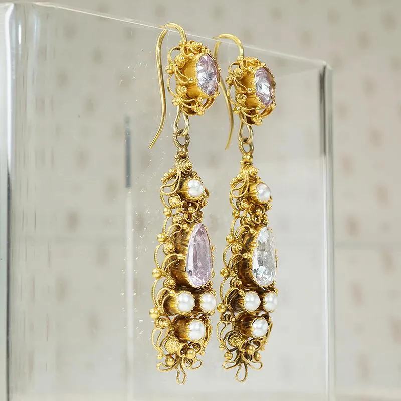 Georgian Topaz & Pearl 18k Cannetille Day to Night Earrings