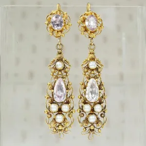 Georgian Topaz & Pearl 18k Cannetille Day to Night Earrings