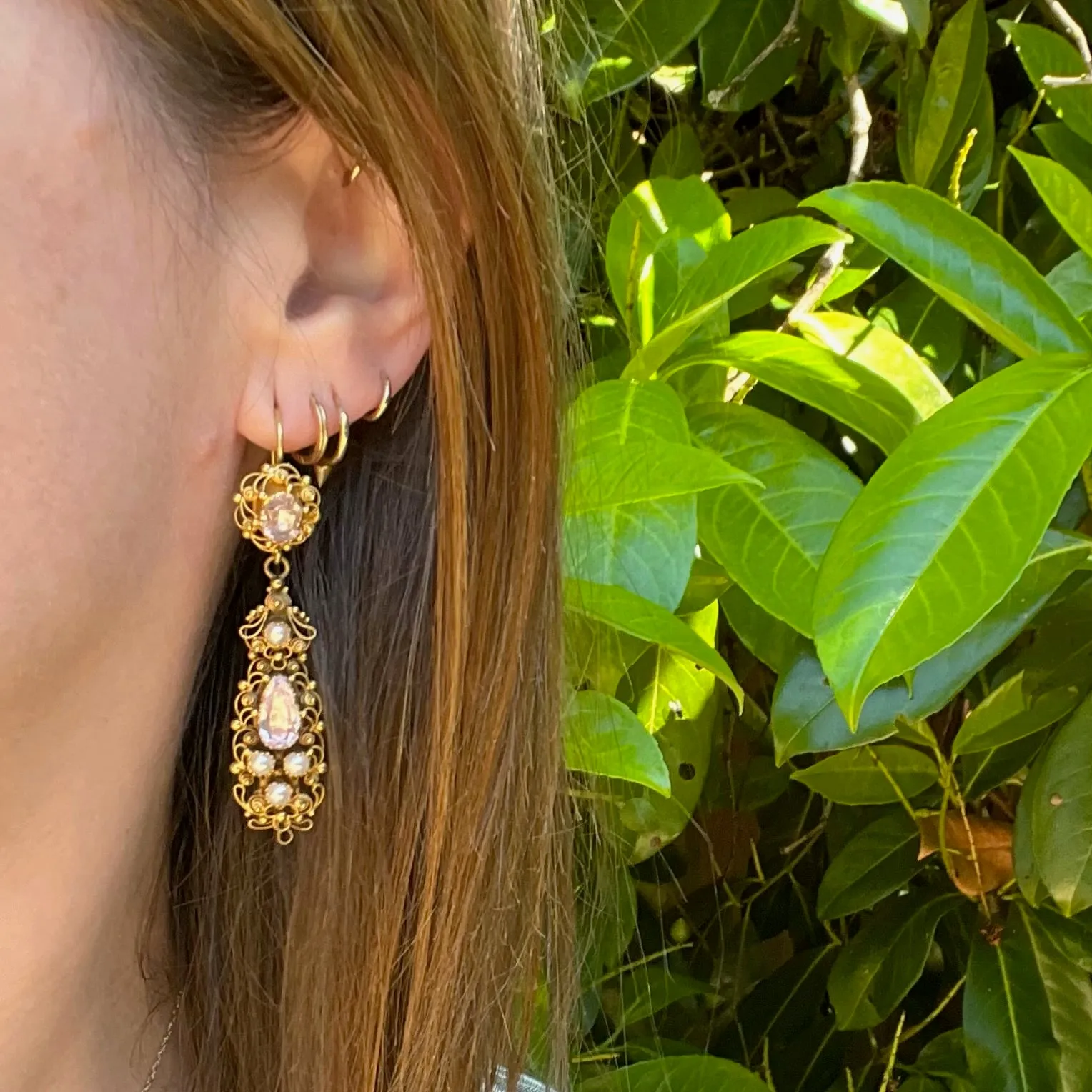 Georgian Topaz & Pearl 18k Cannetille Day to Night Earrings