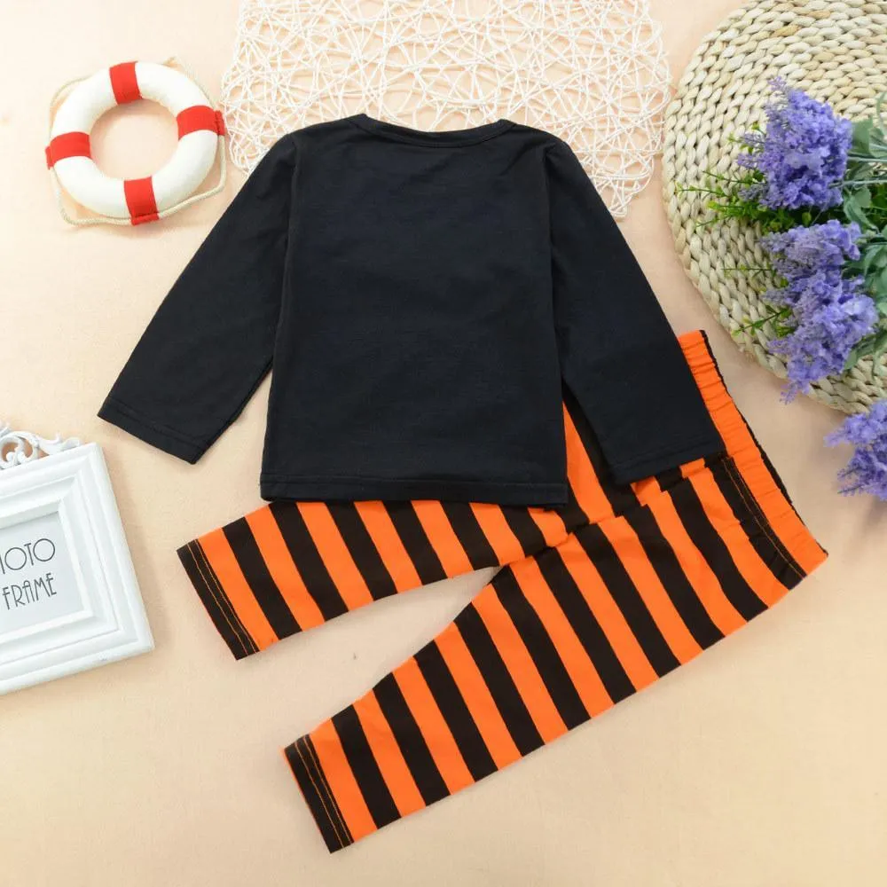 Girls Halloween Pumpkin Long Sleeve T-shirt & Striped Pants