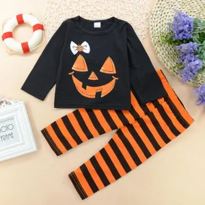 Girls Halloween Pumpkin Long Sleeve T-shirt & Striped Pants