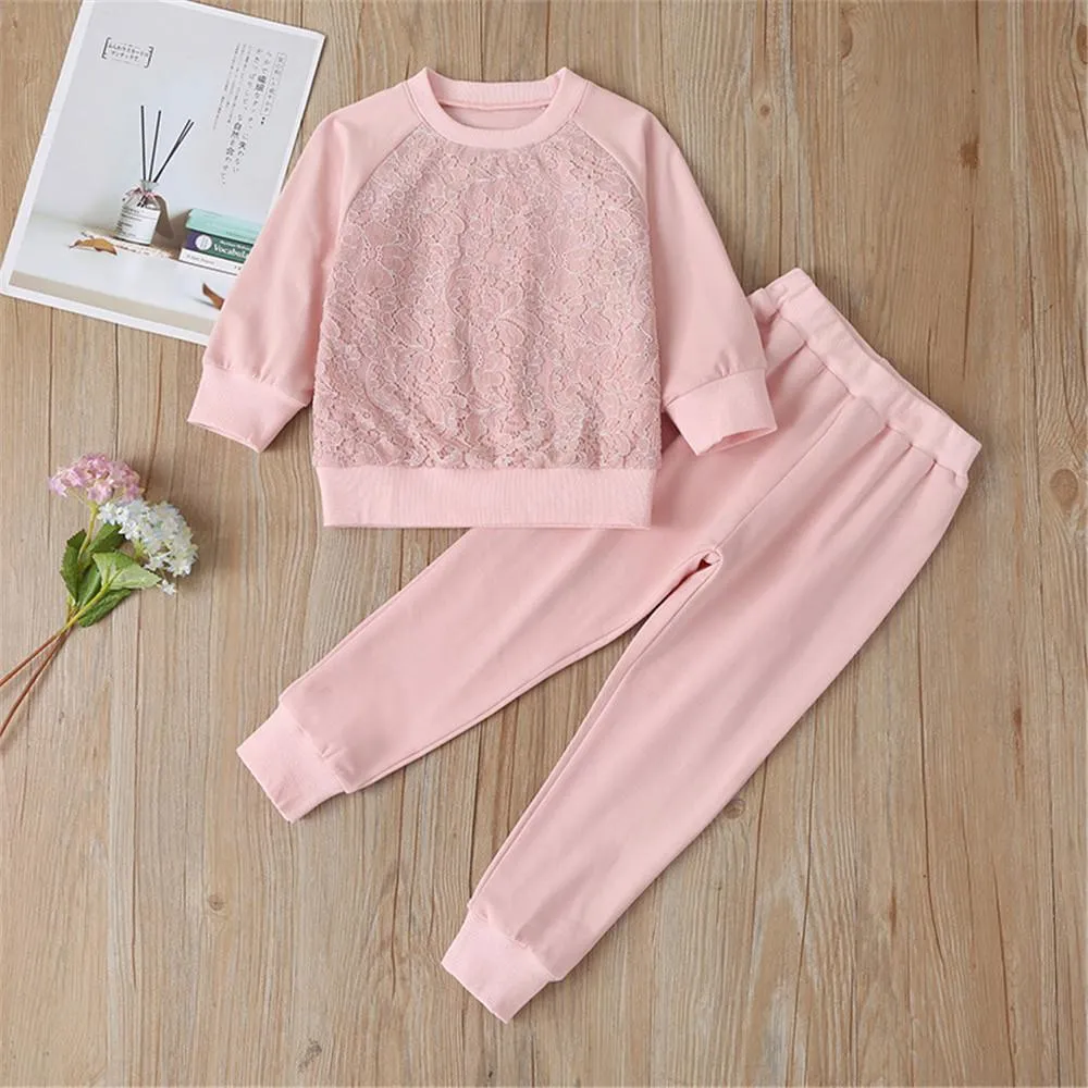 Girls Lace Solid Long-sleeve Casual Top & Pants