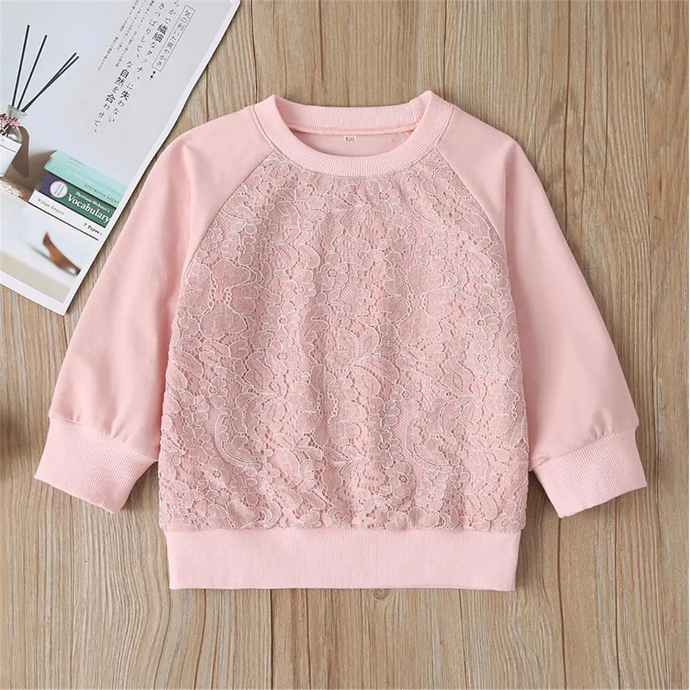Girls Lace Solid Long-sleeve Casual Top & Pants