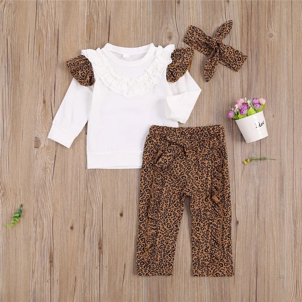 Girls Leopard Printed Ruffled Top & Pants & Headband Girls Wholesale